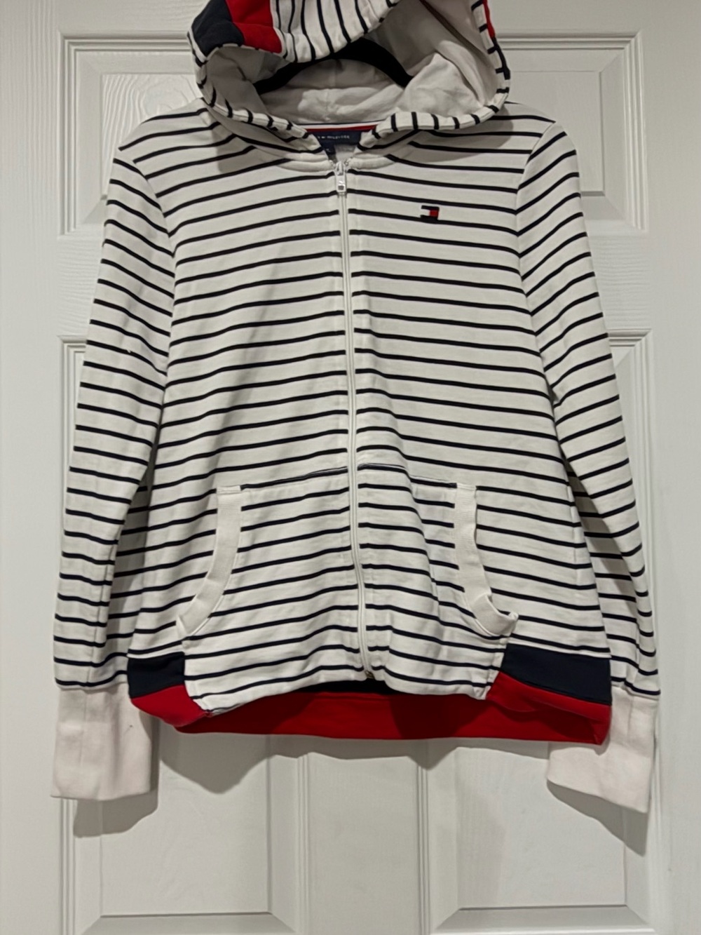 Tommy Hilfiger Women's White Navy Stripe Zip Hoodie with Red Trim